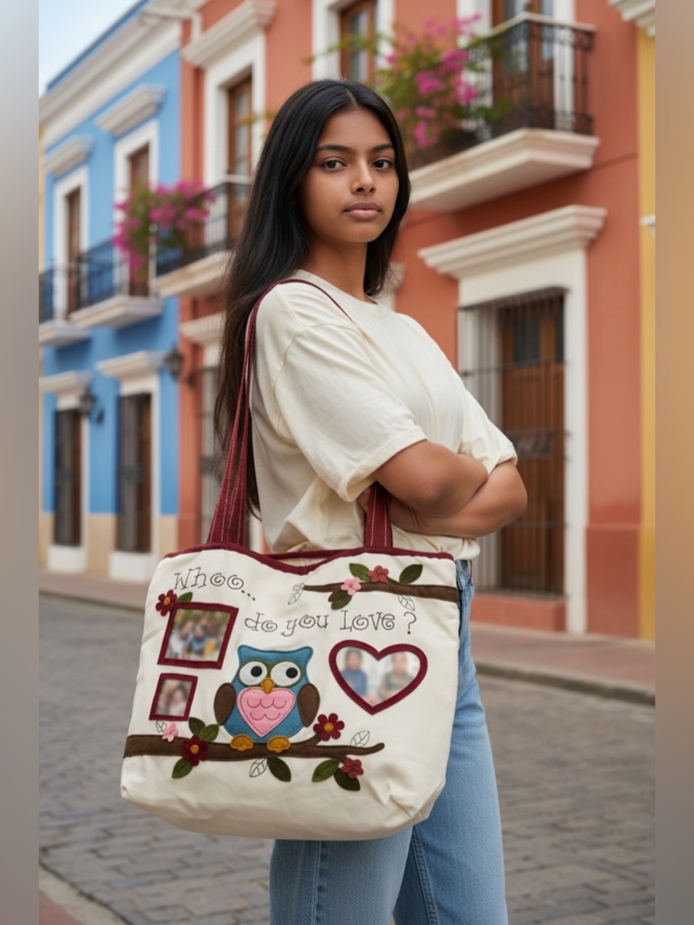 Whimsical Owl Canvas Tote Bag in Cream and Burgundy. NWT